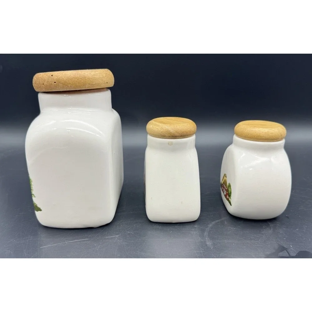 European Ceramic Canister Jars 3pc Wooden Lids Cottage Farmhouse Kitchen Decor